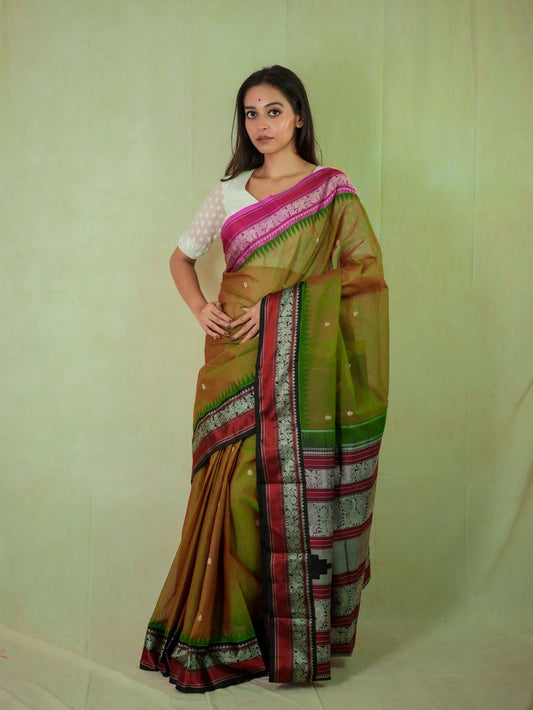 HANDWOVEN DUAL TONE OF RED & GREEN COLOR KANCHIPURAM COTTON SILK SAREE WITH 71 CM BLOUSE PIECE