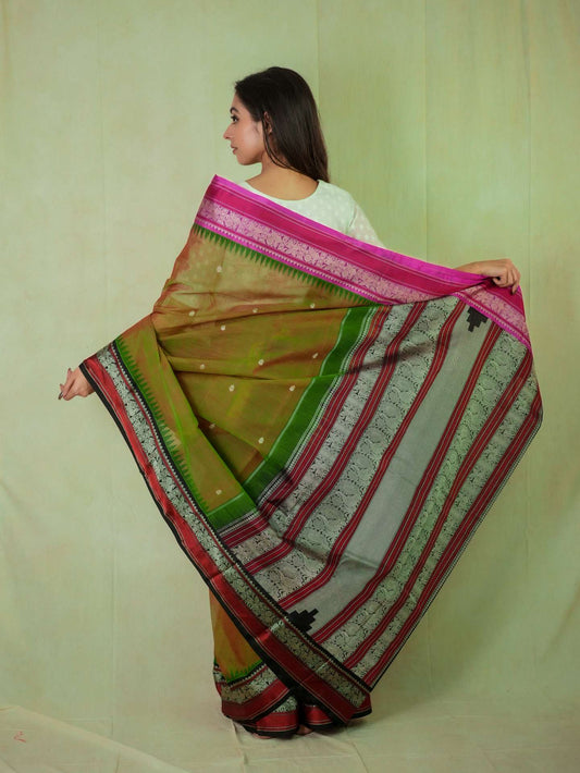 HANDWOVEN DUAL TONE OF RED & GREEN COLOR KANCHIPURAM COTTON SILK SAREE WITH 71 CM BLOUSE PIECE