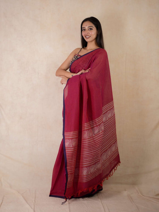 HANDWOVEN DEEP MAROON COLOUR KANCHI COTTON SAREE WITH 88 CM BLOUSE PIECE