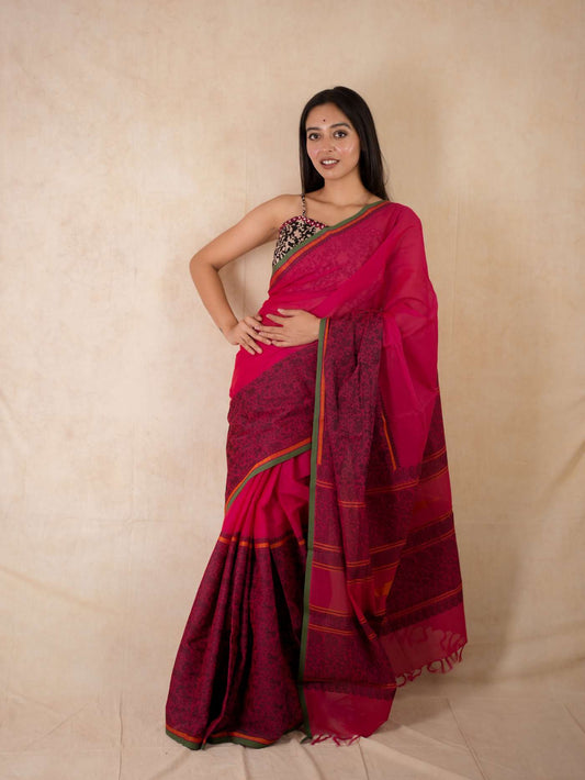 HANDWOVEN PINK COLOUR KANCHI COTTON SAREE WITH 90 CM BLOUSE PIECE