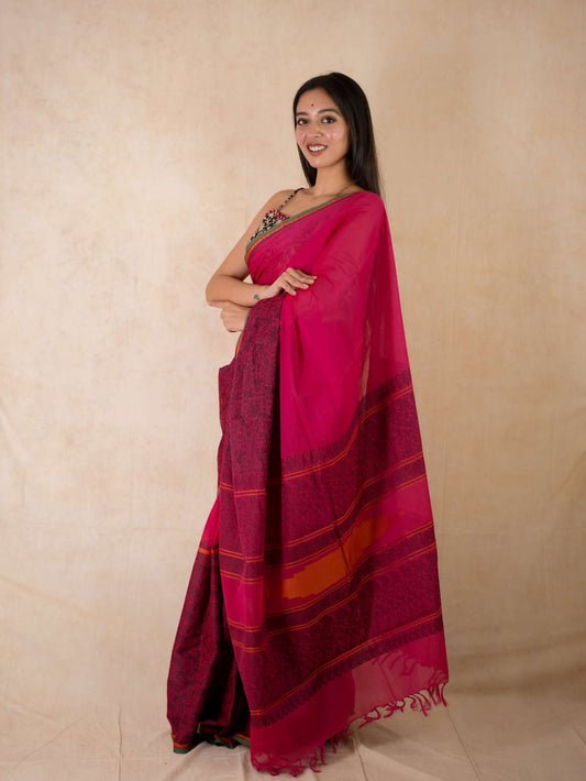 HANDWOVEN PINK COLOUR KANCHI COTTON SAREE WITH 90 CM BLOUSE PIECE