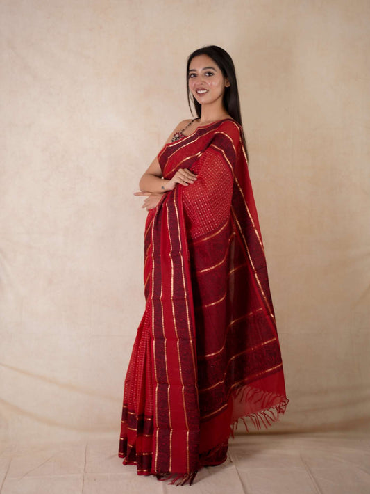 HANDWOVEN RED COLOUR KANCHI COTTON SAREE WITH 95 CM BLOUSE PIECE