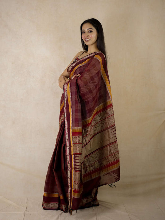 HANDWOVEN MAROON COLOUR KANCHI COTTON SAREE WITH 93 CM BLOUSE PIECE