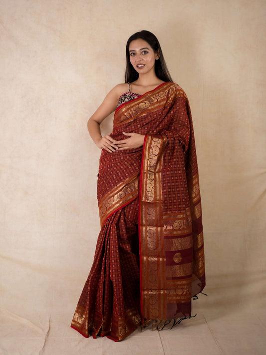 HANDWOVEN MAROON COLOUR KANCHI COTTON SAREE WITH 93 CM BLOUSE PIECE