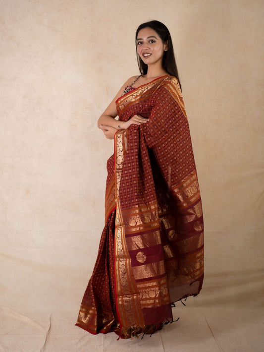 HANDWOVEN MAROON COLOUR KANCHI COTTON SAREE WITH 93 CM BLOUSE PIECE