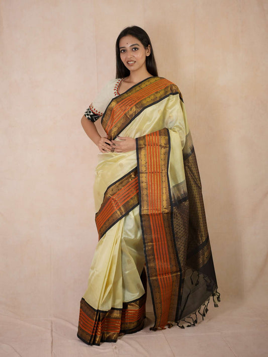 HANDWOVEN CREAM COLOR KANCHIPURAM SILK BY COTTON SAREE WITH 80 CM BLOUSE PIECE