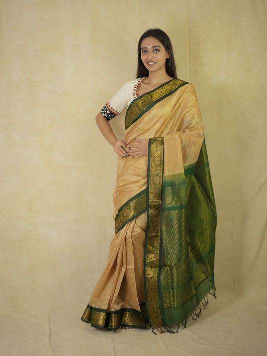 HANDWOVEN BEIGE COLOR KANCHIPURAM SILK BY COTTON SAREE WITH 73 CM BLOUSE PIECE