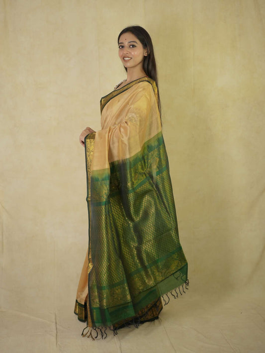 HANDWOVEN BEIGE COLOR KANCHIPURAM SILK BY COTTON SAREE WITH 73 CM BLOUSE PIECE