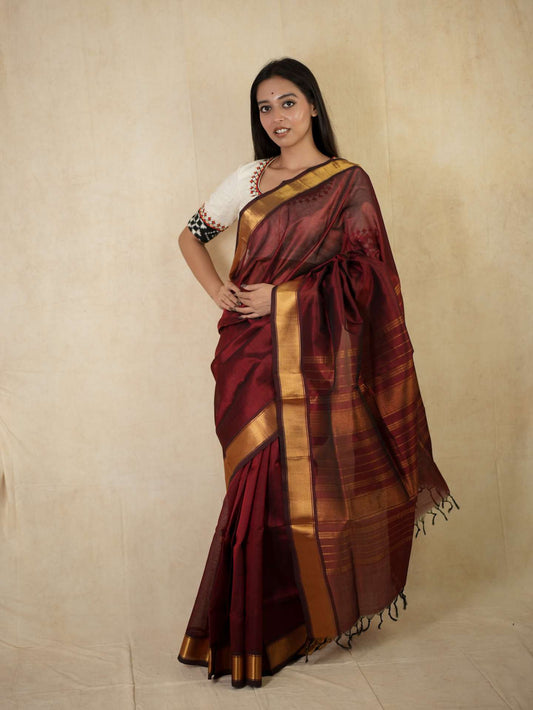 HANDWOVEN DARK MAROON COLOR KANCHIPURAM SILK BY COTTON SAREE WITH 79 CM BLOUSE PIECE