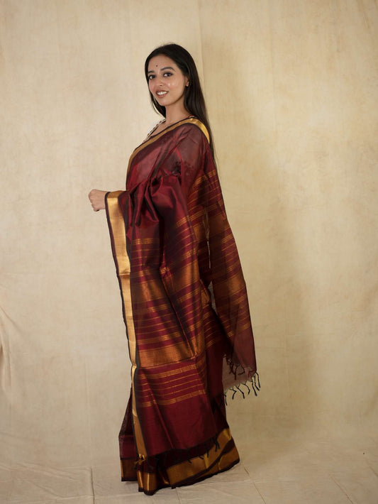 HANDWOVEN DARK MAROON COLOR KANCHIPURAM SILK BY COTTON SAREE WITH 79 CM BLOUSE PIECE