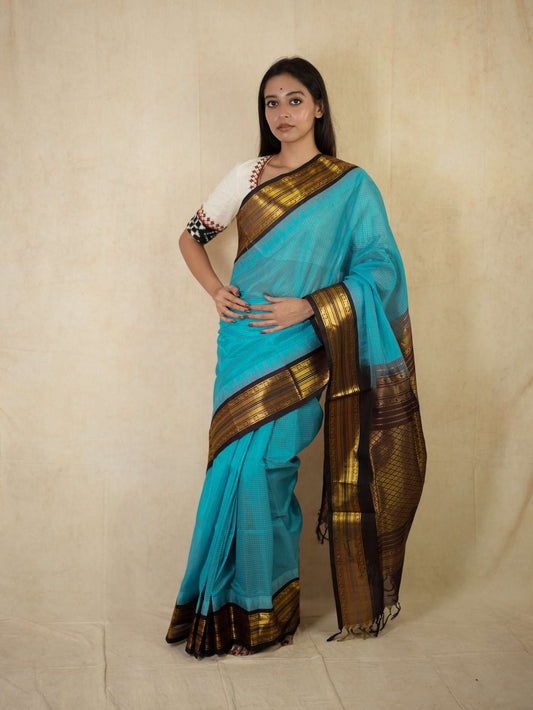 HANDWOVEN SKY BLUE COLOR KANCHIPURAM SILK BY COTTON SAREE WITH 78 CM BLOUSE PIECE
