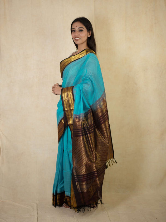 HANDWOVEN SKY BLUE COLOR KANCHIPURAM SILK BY COTTON SAREE WITH 78 CM BLOUSE PIECE