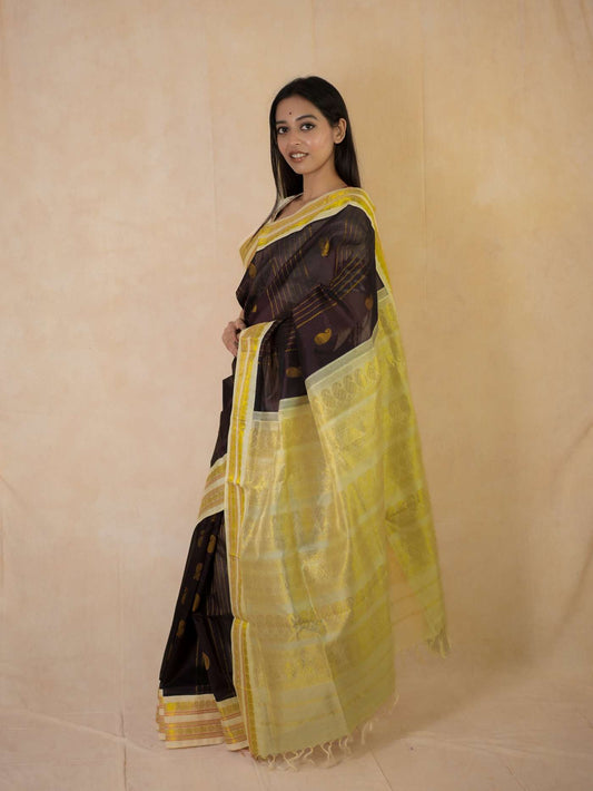 HANDWOVEN PLUM COLOR KANCHIPURAM SILK BY COTTON SAREE WITH 79 CM BLOUSE PIECE