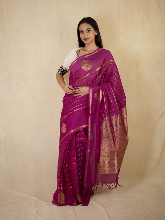 HANDWOVEN MAGENTA COLOR KANCHIPURAM SILK BY COTTON SAREE WITH 79 CM BLOUSE PIECE