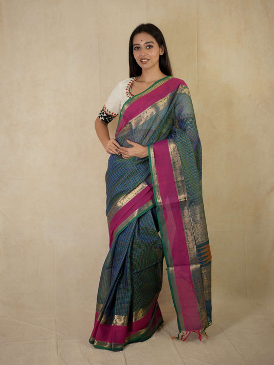 HANDWOVEN PEACOCK BLUE COLOR KANCHIPURAM SILK BY COTTON SAREE WITH 77 CM BLOUSE PIECE