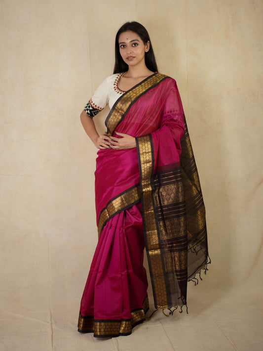 HANDWOVEN PURPLISH PINK COLOR KANCHIPURAM SILK BY COTTON SAREE WITH 78 CM BLOUSE PIECE