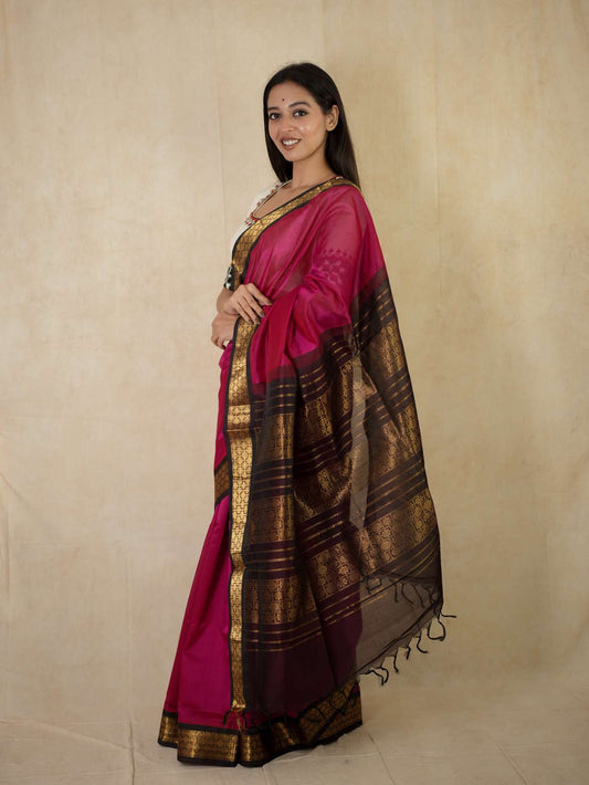 HANDWOVEN PURPLISH PINK COLOR KANCHIPURAM SILK BY COTTON SAREE WITH 78 CM BLOUSE PIECE