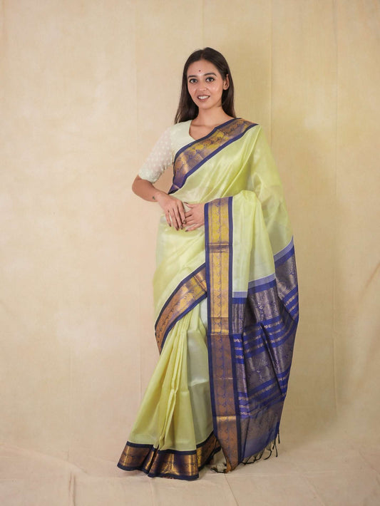 HANDWOVEN OFF WHITE COLOR KANCHIPURAM SILK BY COTTON SAREE WITH 78 CM BLOUSE PIECE
