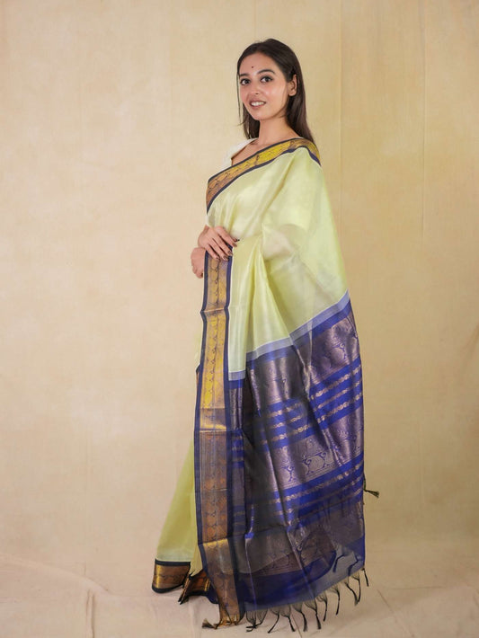 HANDWOVEN OFF WHITE COLOR KANCHIPURAM SILK BY COTTON SAREE WITH 78 CM BLOUSE PIECE