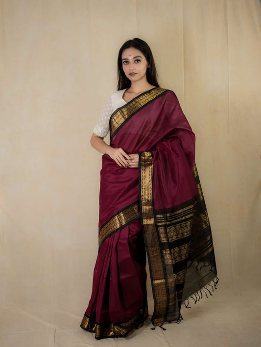 HANDWOVEN MAGENTA COLOR KANCHIPURAM SILK BY COTTON SAREE WITH 77 CM BLOUSE PIECE
