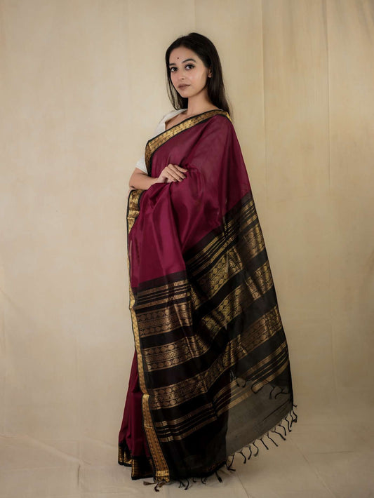 HANDWOVEN MAGENTA COLOR KANCHIPURAM SILK BY COTTON SAREE WITH 77 CM BLOUSE PIECE