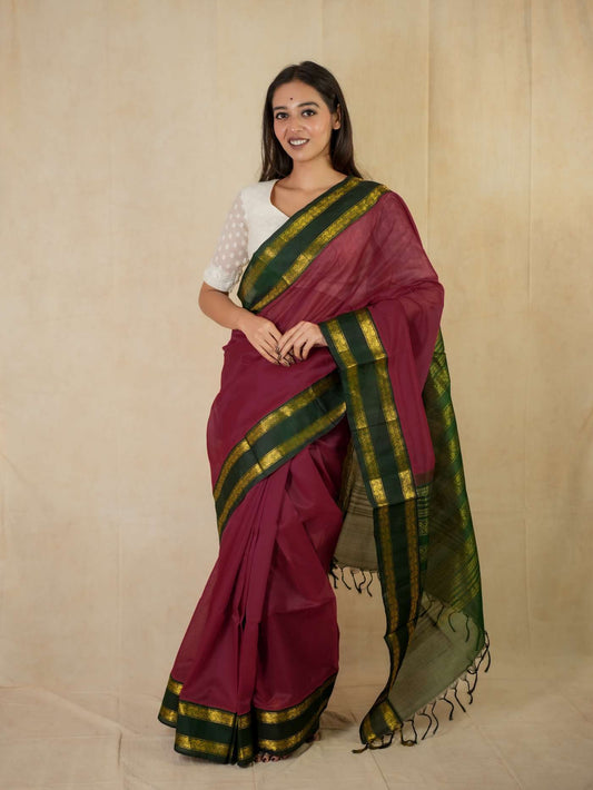 HANDWOVEN REDDISH MAROON COLOR KANCHIPURAM SILK BY COTTON SAREE WITH 77 CM BLOUSE PIECE