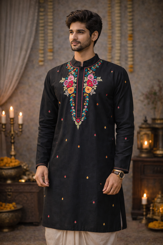 Classic Black Silk Blend Kurta with Vibrant Floral Embroidery
