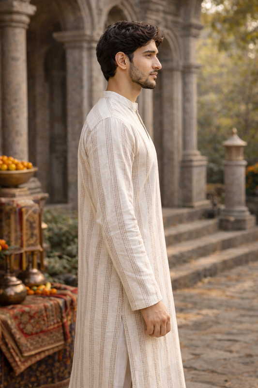 Elegant Beige Cotton Kurta with Subtle Stripe Detailing