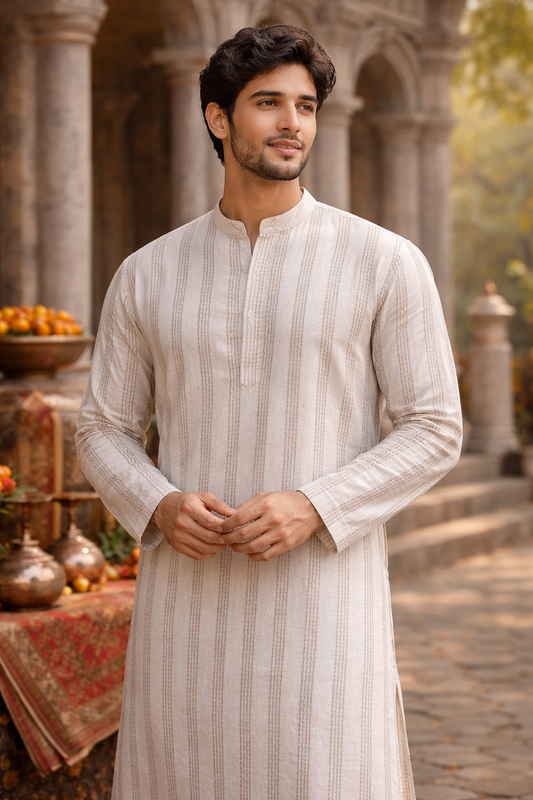 Elegant Beige Cotton Kurta with Subtle Stripe Detailing