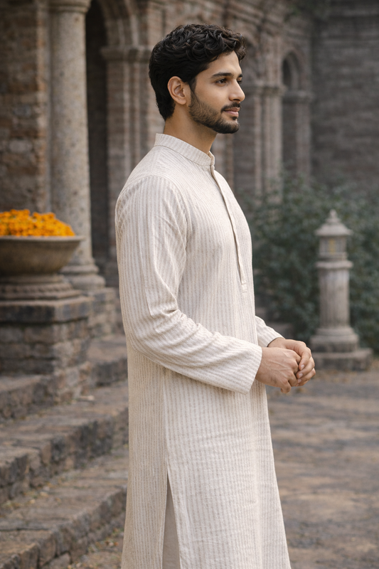 Elegant Off-white Cotton Kurta with Subtle Stripe Detailing