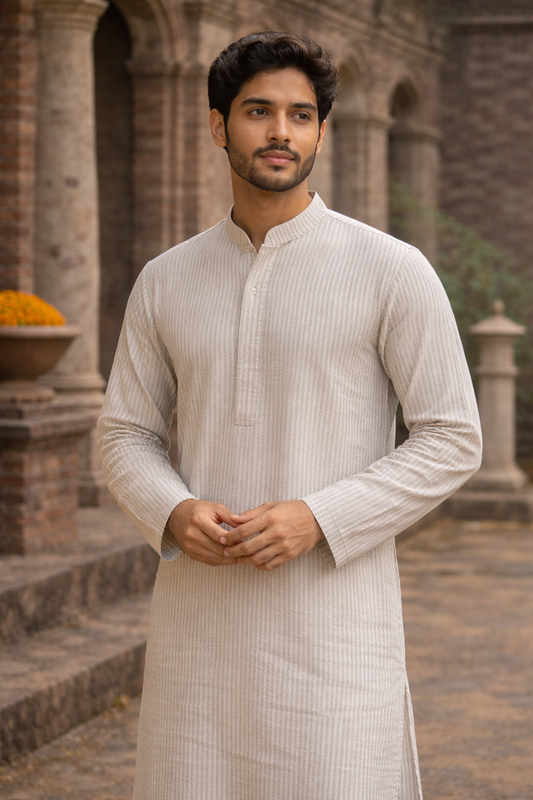 Elegant Off-white Cotton Kurta with Subtle Stripe Detailing