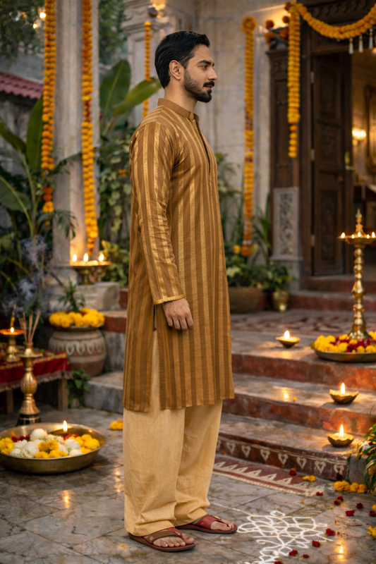 Beige Silk Blend Kurta with Golden Stripe Detailing
