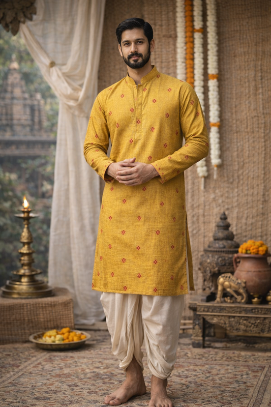 Classic Mustard Silk Blend Kurta with Subtle Butta Motifs