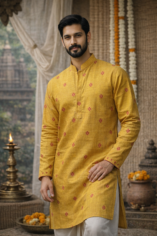 Classic Mustard Silk Blend Kurta with Subtle Butta Motifs