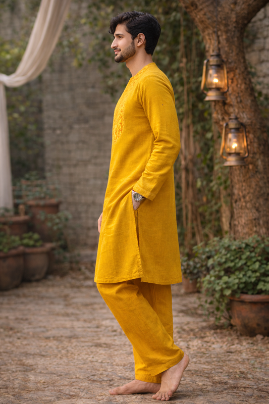 Vibrant Mustard Silk Blend Kurta with Floral Yoke Detailing