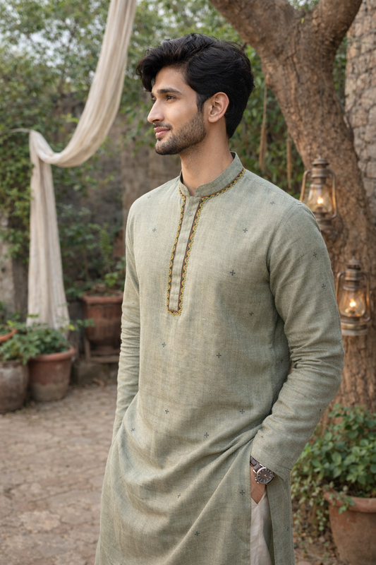Elegant Sage Green Cotton Blend Kurta with Subtle Buttas