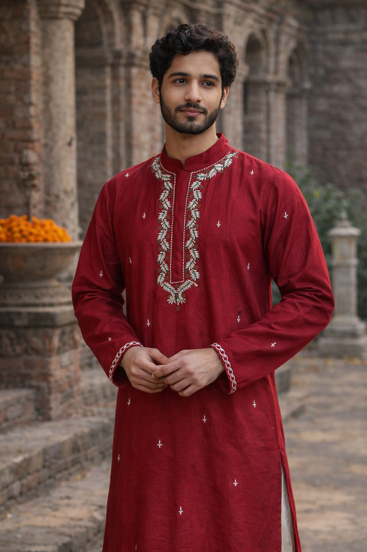 Classic Maroon Silk Blend Kurta with Leaf Embroidery