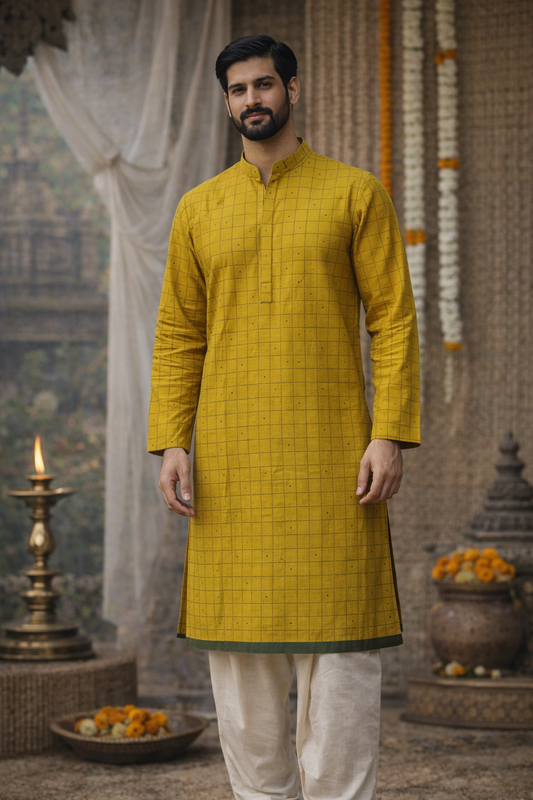 Mustard Yellow Cotton Blend Kurta with Subtle Check Pattern