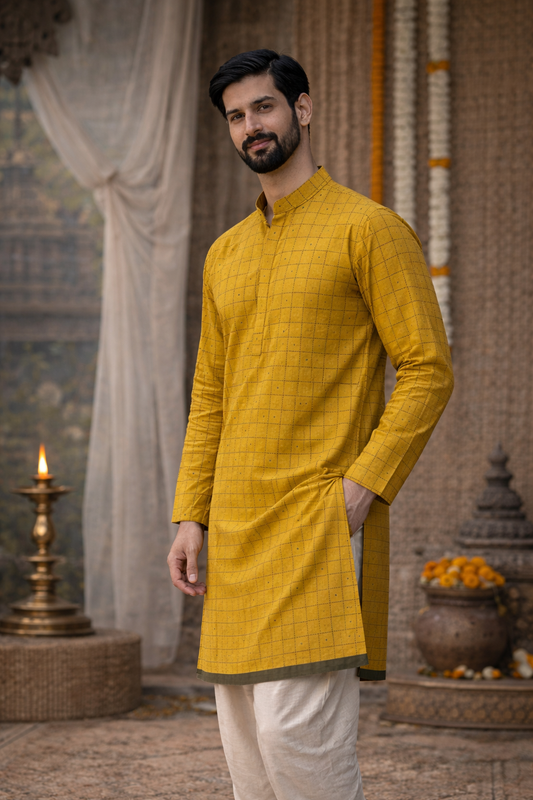 Mustard Yellow Cotton Blend Kurta with Subtle Check Pattern