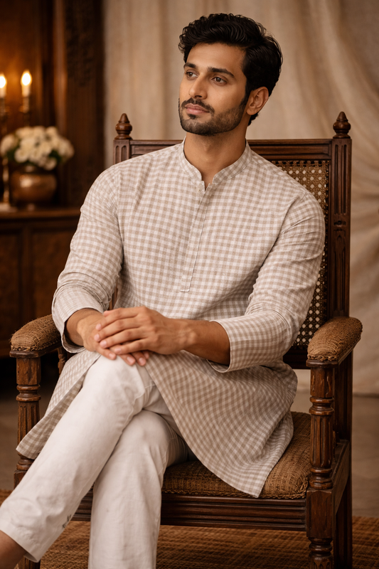 Beige Checkered Cotton Blend Kurta with Minimalist Classic Design