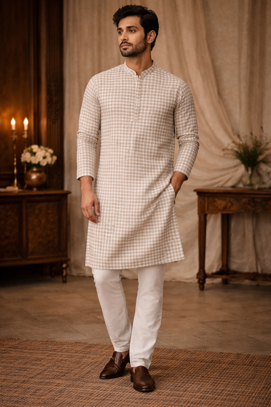 Beige Checkered Cotton Blend Kurta with Minimalist Classic Design