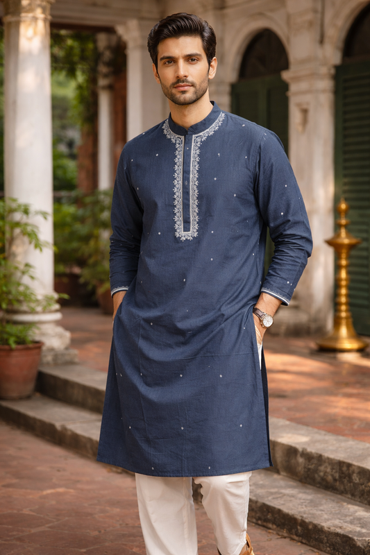 Classic Greyish Blue Silk Blend Kurta with White Embroidery
