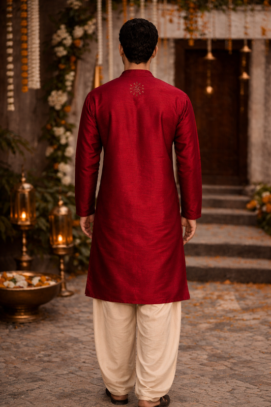 Rich Red Silk Blend Kurta with Elegant Gold Embroidery