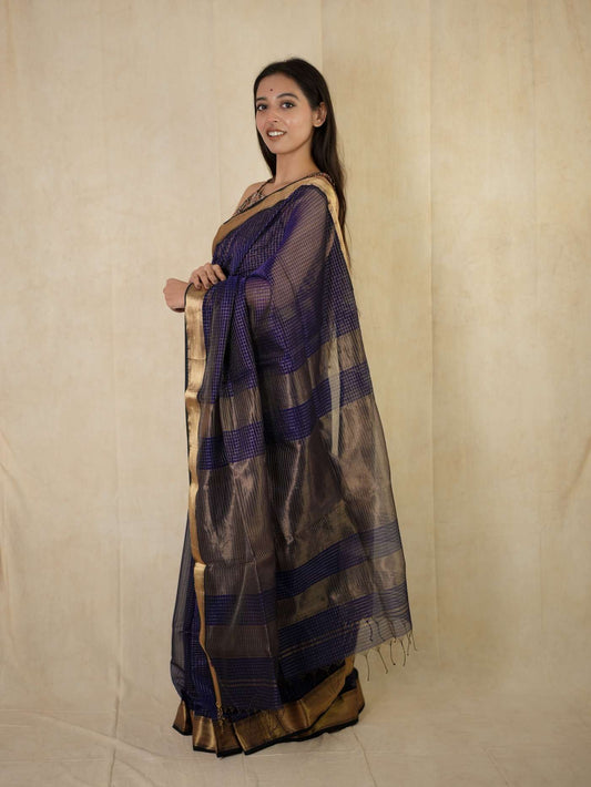 HANDWOVEN BLUE COLOUR MAHESWARI SILK BY COTTON SAREE WITH 88 CM BLOUSE PIECE