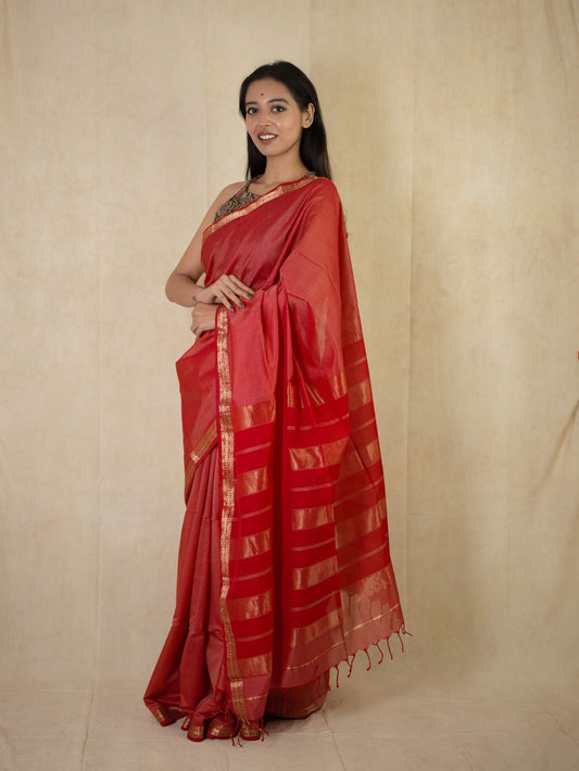 HANDWOVEN RED-BEIGE DUAL TONE MAHESWARI SICO SAREE WITH 83 CM BLOUSE PIECE