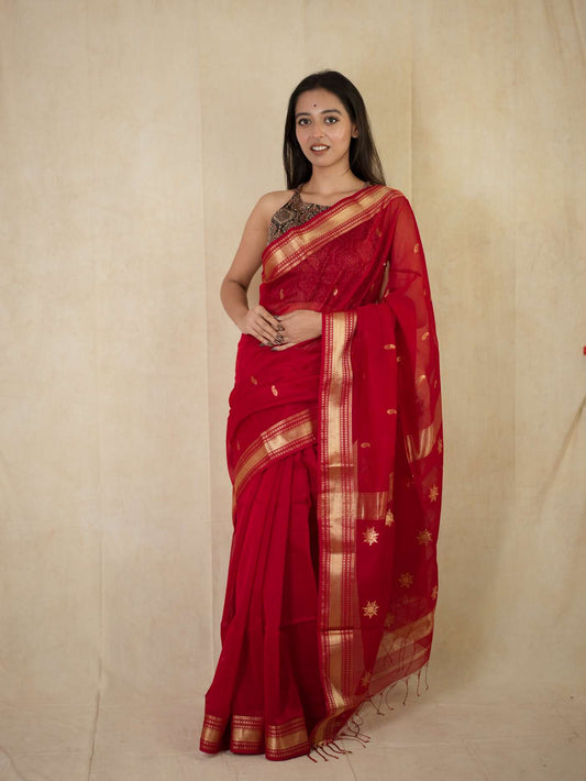 HANDWOVEN RED COLOUR MAHESWARI SILK BY COTTON SAREE WITH 78 CM BLOUSE PIECE