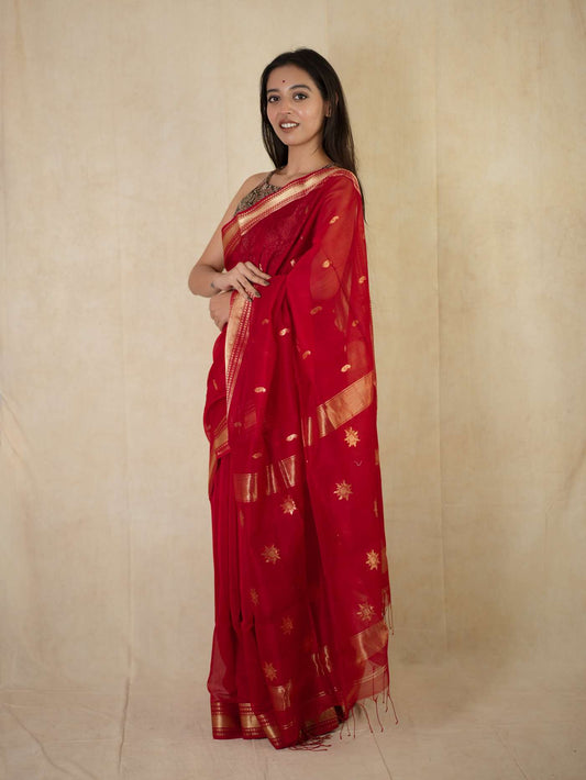 HANDWOVEN RED COLOUR MAHESWARI SILK BY COTTON SAREE WITH 78 CM BLOUSE PIECE