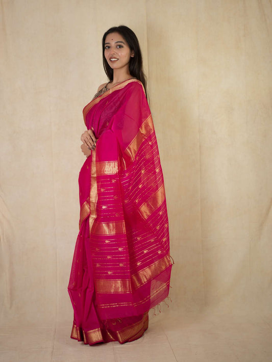 HANDWOVEN PINK MAHESWARI SICO SAREE WITH 85 CM BLOUSE PIECE