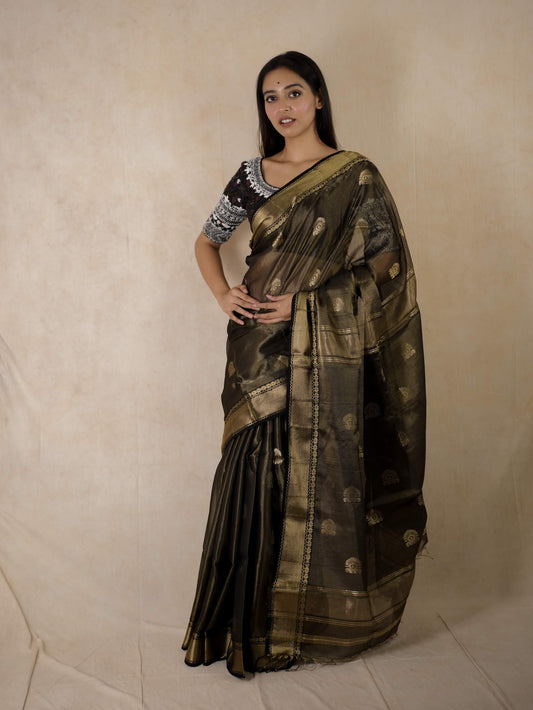 HANDWOVEN BLACK COLOUR MAHESWARI TISSUE SAREE WITH 71 CM BLOUSE PIECE