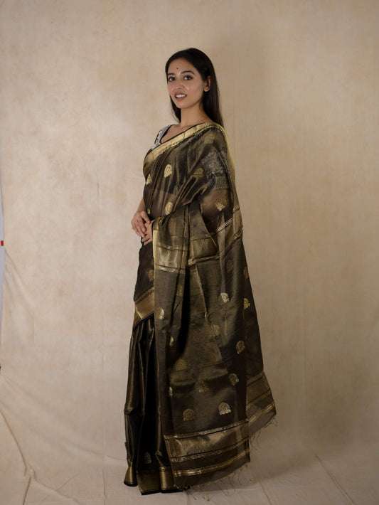 HANDWOVEN BLACK COLOUR MAHESWARI TISSUE SAREE WITH 71 CM BLOUSE PIECE